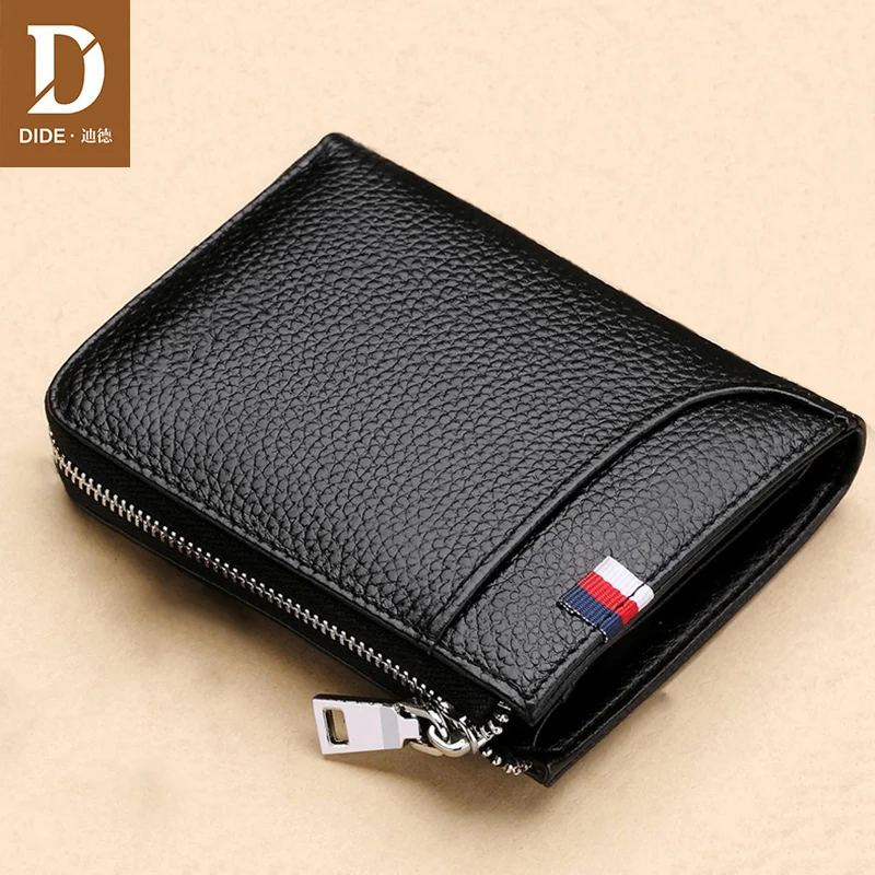 DIDE Black Genuine Leather Wallet Men RFID Credit Card Holder Male Short Coin Purse Wallets Cowhide Zipper Wallet Vintage Casual