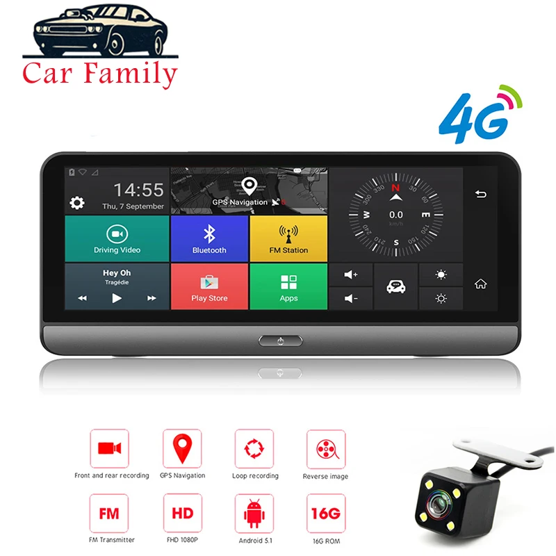 Автомобильный видеорегистратор, 8 дюймов, 4G, Wi-Fi, Android 5,1, сенсорный IPS, Bluetooth, FHD 1080P, двойной объектив, навигация, мониторинг парковки, GPS Автомобильный видеорегистратор, 8 дюймов, 4G, Wi-Fi, Android 5,1, сенсорный IPS, Bluetooth, FHD 1080P, двойной объектив, навигация, мониторинг парковки, GPS