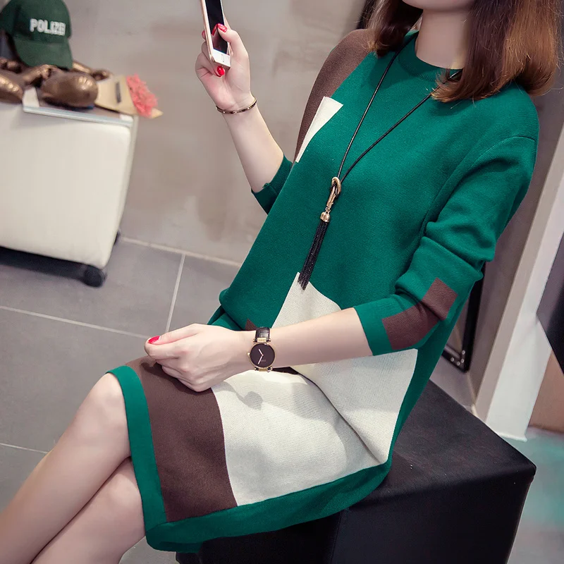 

Spring Women Long Sweater Dress Autumn & Winter Women's Knitted Large Size Long-sleeve Spell Color Loose One-piece Warm Dresses