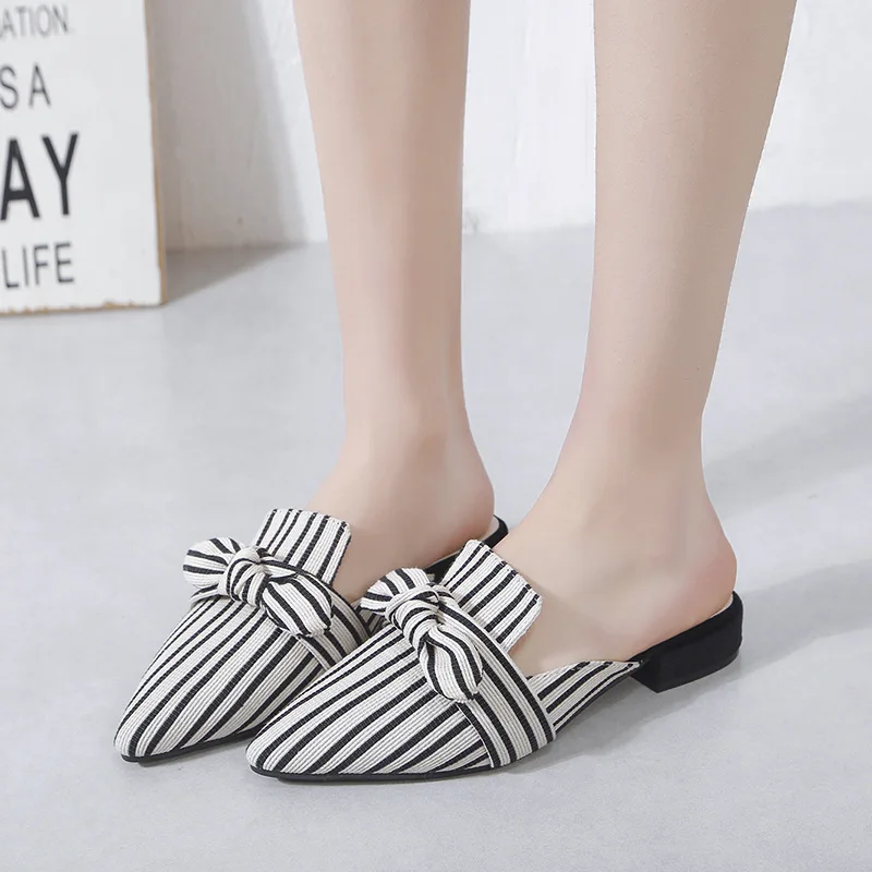 

Spring And Summer New Style Chunky-Heel Stripes Retro Closed-toe Slipper Bow Slippers (Cloth) Women's Low Heel Anti-slip WOMEN'S