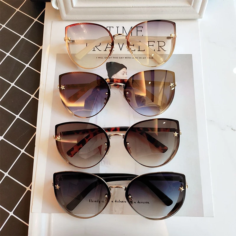 Сексуальные женские солнцезащитные очки "кошачий глаз", высокое качество, модные брендовые солнцезащитные очки без оправы, Женские винтажные солнцезащитные очки