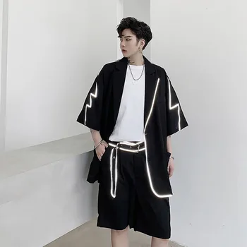 

Men 2 Pieces Suits Sets Shirt Shorts Streetwear Hip Hop Male Reflective Stripe Loose Casual Short Sleeve Suit Shirt Shorts