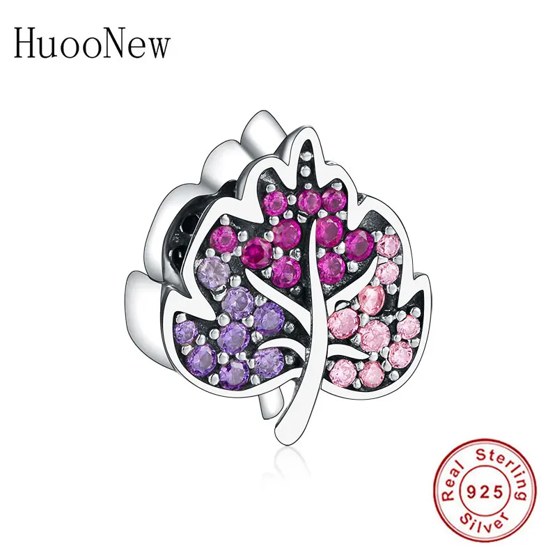 

Fit Original Pandora Charm Bracelet 925 Sterling Silver Leaf Shape Purple Color Zircon Stone Beads Making Women Jewelry Berloque