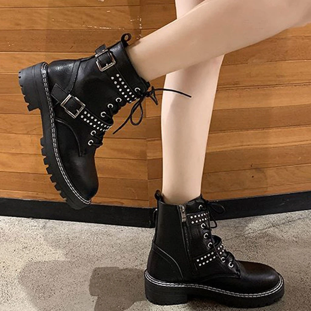 de mujer con remaches de cabeza redonda, botas de para mujer, zapatos con correas, botas cálidas Martin boties para Otoño e sobre la rodilla| - AliExpress
