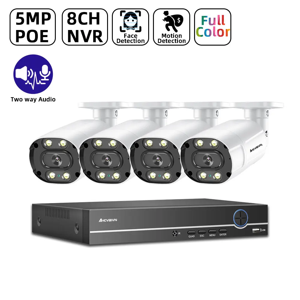 

AHCVBIVN 5MP Camera CCTV Waterproof Outdoor Full Color Night Vision Security Camera 8ch NVR Bulllet Camera Home Security System