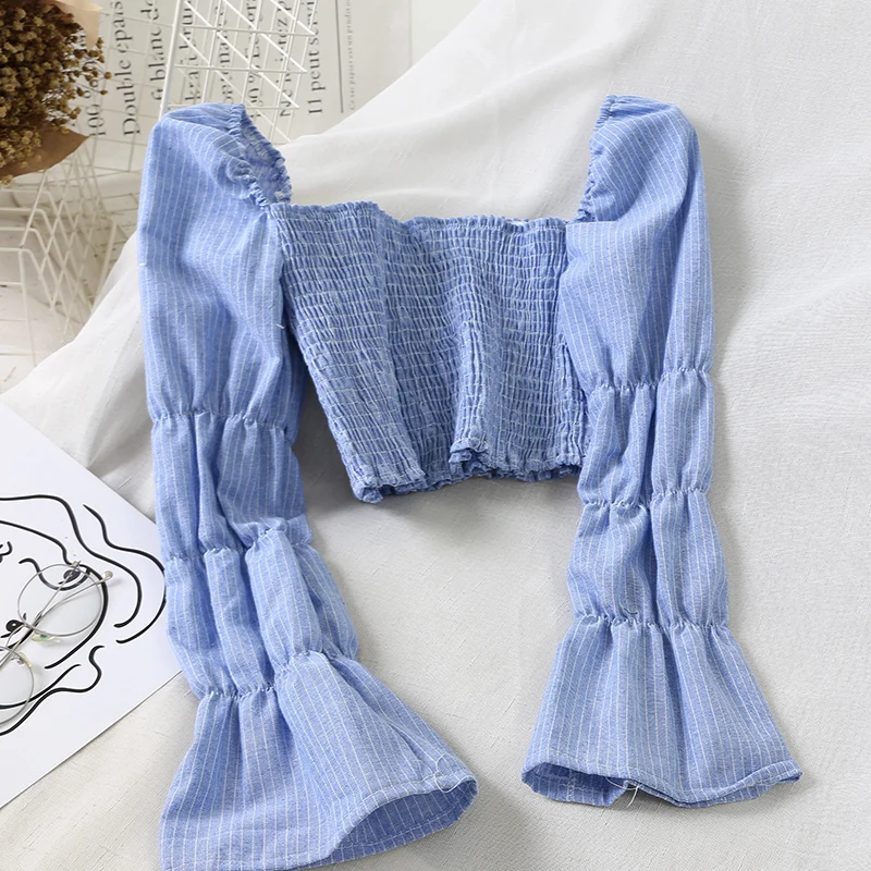 

Summer New Women Vintage Floral Blusas Flare Sleeve Ladies Sexy Crop Top Off Shoulder Chiffon Blouses 2020 Fashion Slim Shirt