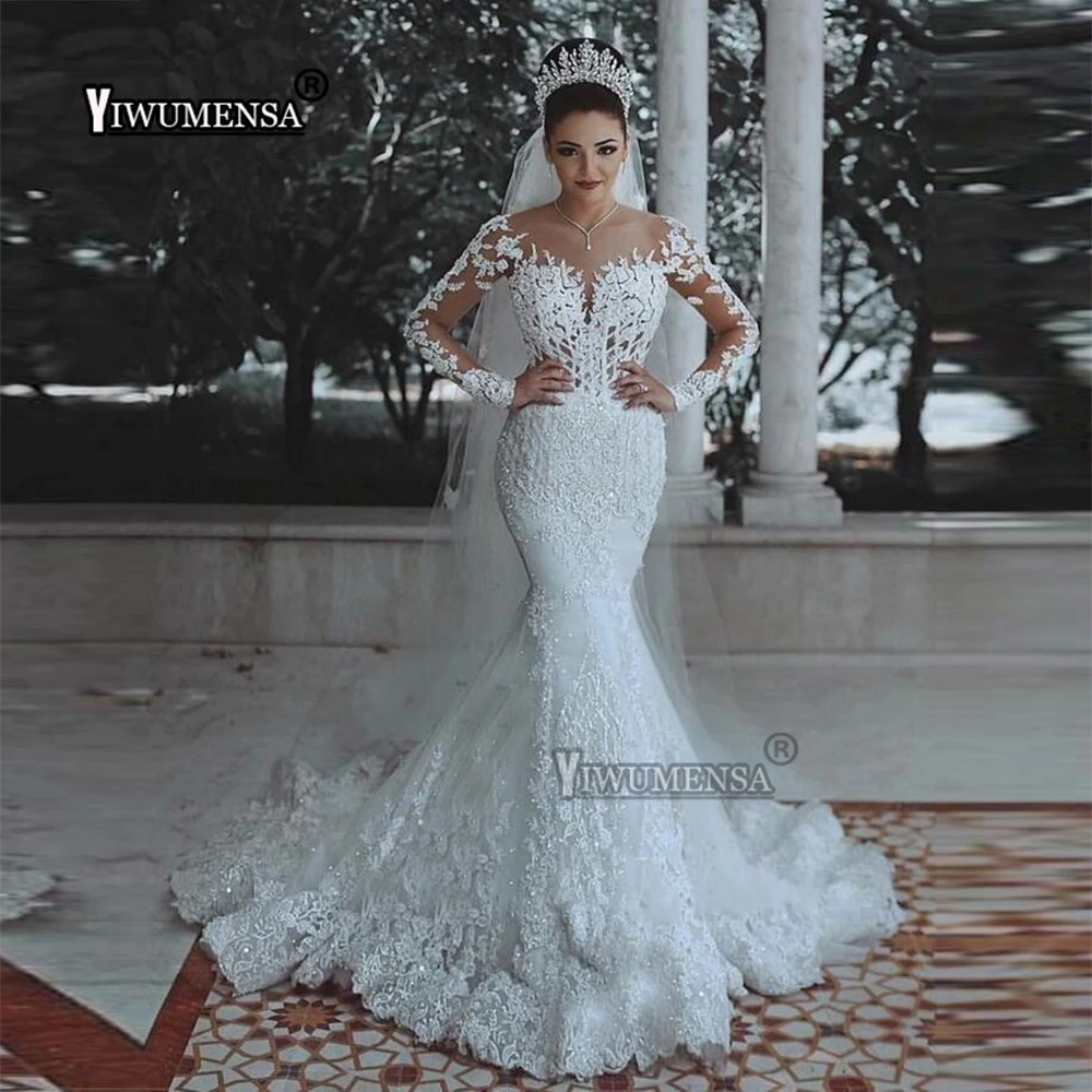 Vestidos de Novia Последние Свадебные платья Русалка совок с длинным рукавом Аппликации Свадебные платья невесты платье на заказ
