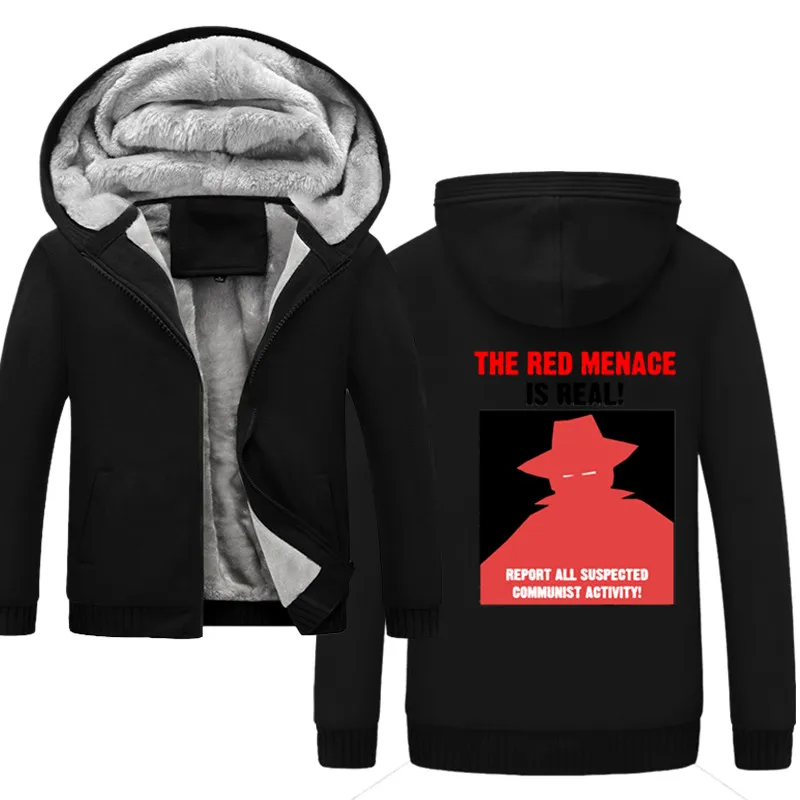 The Red Menace Men's Hoodies Fleece Warm Hood Thick Velvet Coats Sweatshirts Zipper Men Hoodie Jacket | Мужская одежда