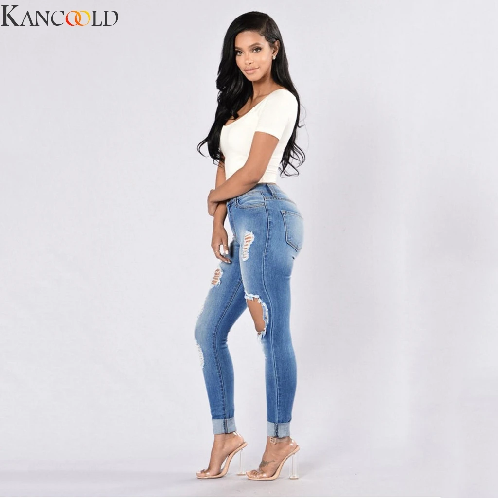 KANCOOLD обтягивающие джинсы Для женщин джинсовые брюки с дырками на коленях узкие брюки повседневные штаны Синие рваные, Стретч Джинсы Лидер продаж