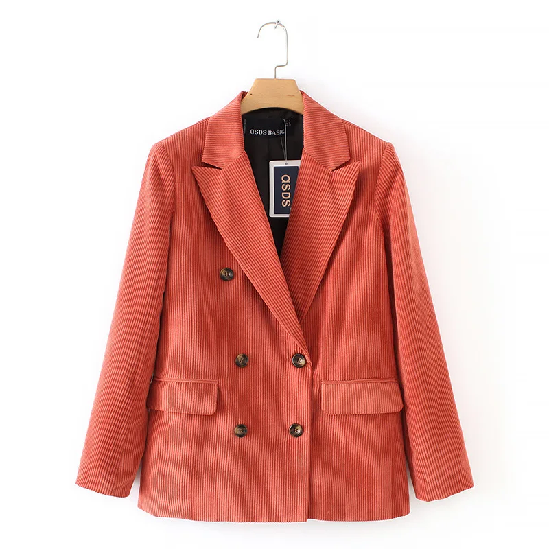 

D92-h518 WOMEN'S Dress Loose-Fit Versatile Mid-length Double Breasted Suit Collar Solid Color Corduroy Small Suit