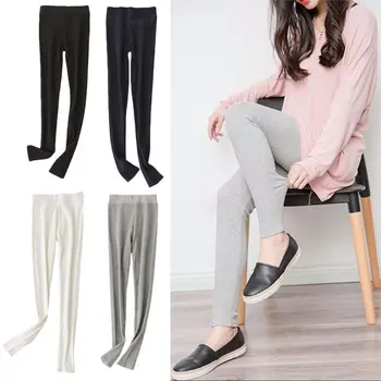 

Womens Autumn Warm Ankle Length Leggings Cotton Ribbed Knit Striped Elastic Plain Solid Color Basic Bottom Skinny Pants