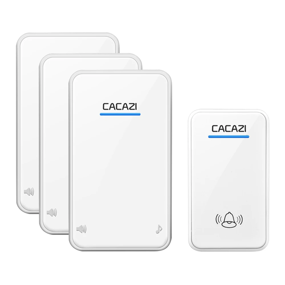 1 button 3 receiver Беспроводной дверной звонок CACAZI, водонепроницаемый, умный, 300 м, пульт дистанционного управления, светодиодный, кнопка, передатчик, домашний звонок, 48 колокольчиков, 6 громкости, США, ЕС, Великобритания, вилка - Цвет: 1 button 3 receiver