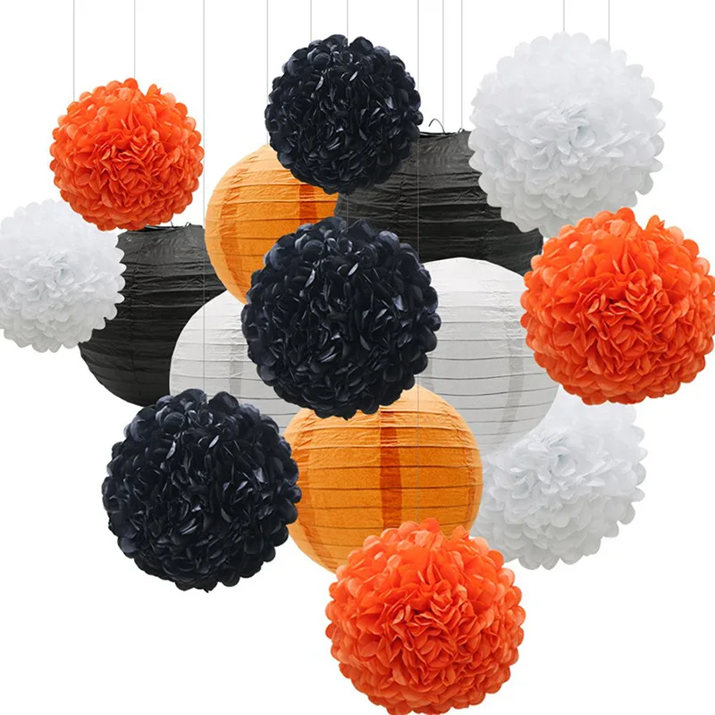 orange black 15pcs 12 шт./компл. Цветные Цветочные шары из бумаги помпоны бумажные соты шары бумажные фонарики день рождения свадьба день рождения Домашний декор - Color: orange black 15pcs