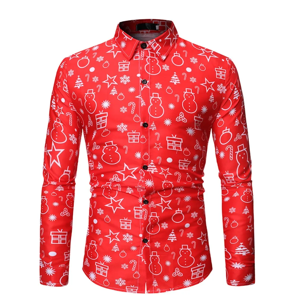 JAYCOSIN, Мужская блузка, осенние мужские новогодние майки, Повседневная приталенная рубашка с рождественским принтом, блуза на пуговицах, мужская одежда - Цвет: Red