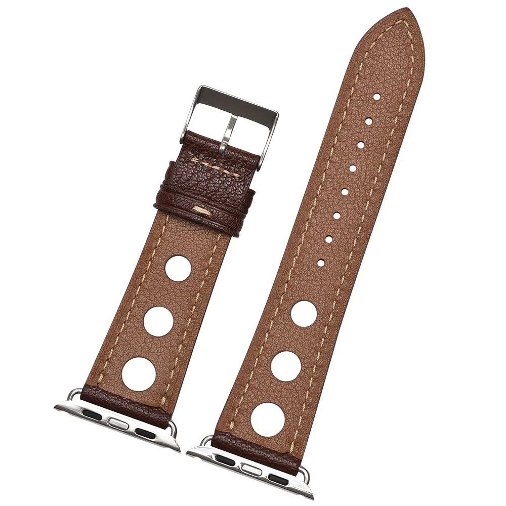 BEAFIRY Hole Design Leather Wristband For Apple Watch band 4 44mm for iwatch Strap 42mm Brown Black for men women Watchband