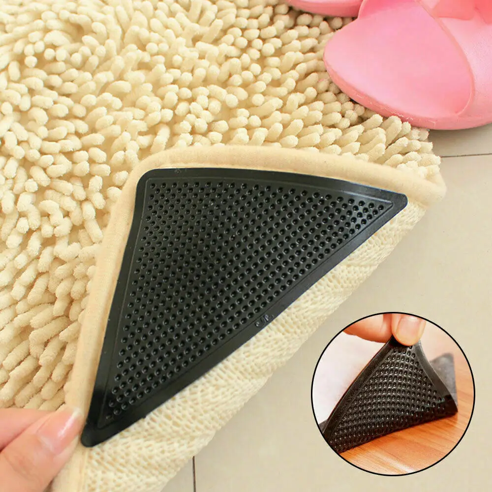 4pcs Rug Carpet Grippers Triangle Rubber Mat Sticker Reusable Non Slip