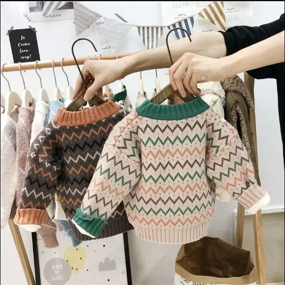 Осенне-зимние свитера для мальчиков, корейский модный толстый свитер с принтом для мальчиков, одежда для малышей, Повседневный пуловер, вязаный свитер
