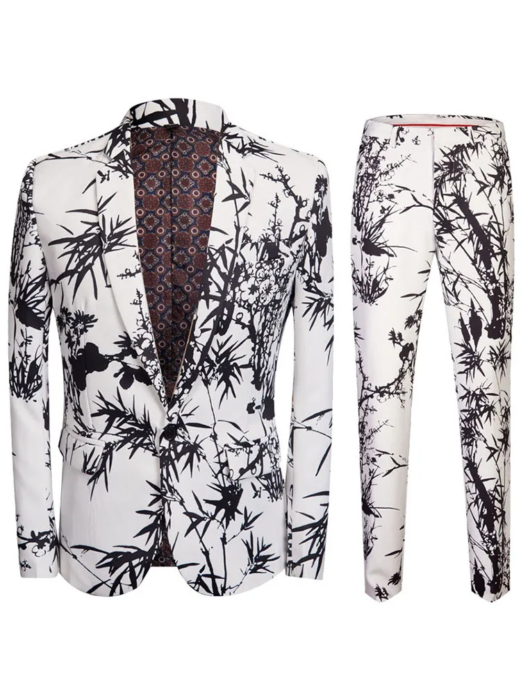 Panda bamboo напечатанный мужской костюм Slim fit 2 шт. бизнес-шоу костюм блейзеры брюки белая Свадебная вечеринка