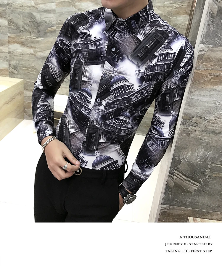 Camisa Masculina/Весенняя Новая мужская рубашка с длинными рукавами и цветочным принтом; модные облегающие рубашки для ночного клуба; Chemise Homme