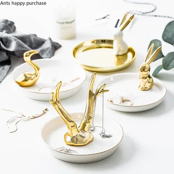 

Nordic Ceramics Jewelry Display Stand Jewelry Plate Golden Animal Bracelet Necklace Tray Decorations Shooting Props Ornaments