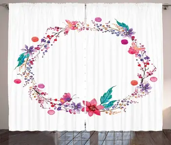 

Watercolor Flower Curtains Flower Wreath Illustration with Wildflowers Leaves Butterfly Living Room Bedroom Window Drapes