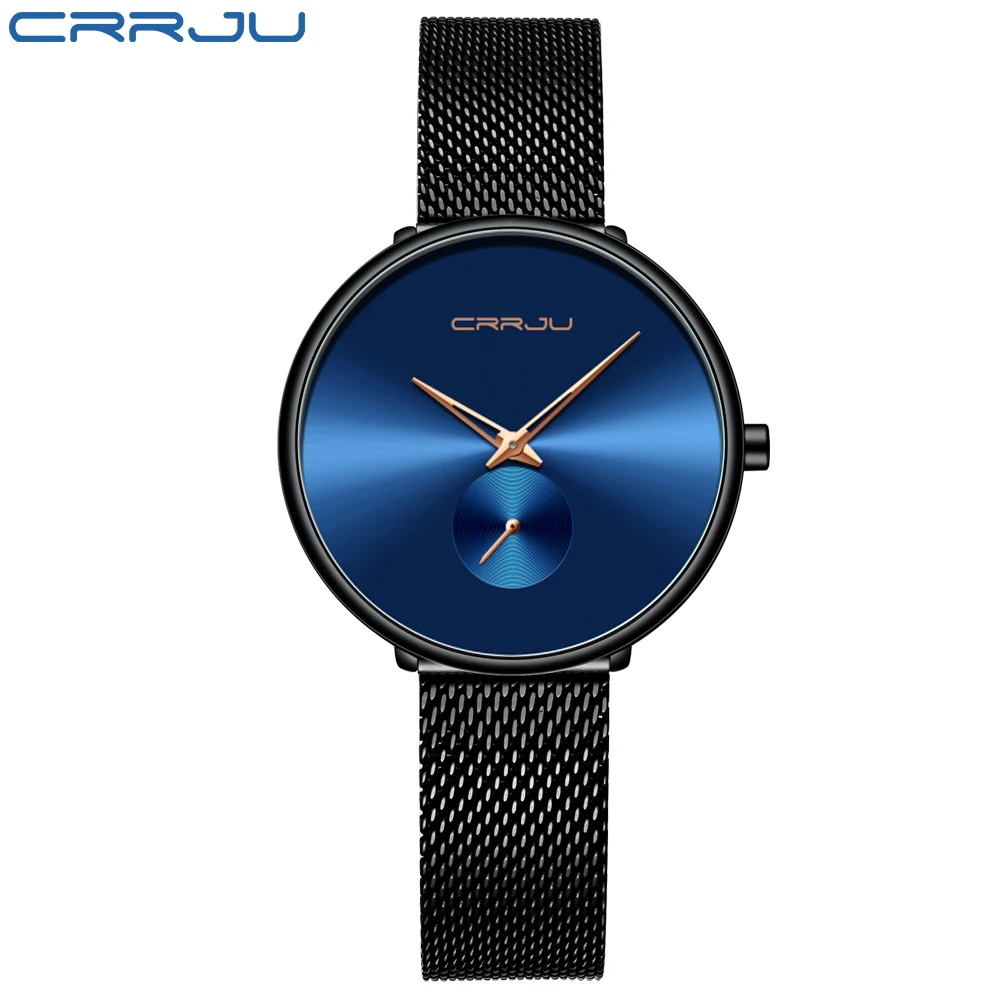 black blue CRRJU красивый дизайн часы для женщин Мода повседневное сталь сетки наручные часы женские кварцевые часы - Цвет: black blue