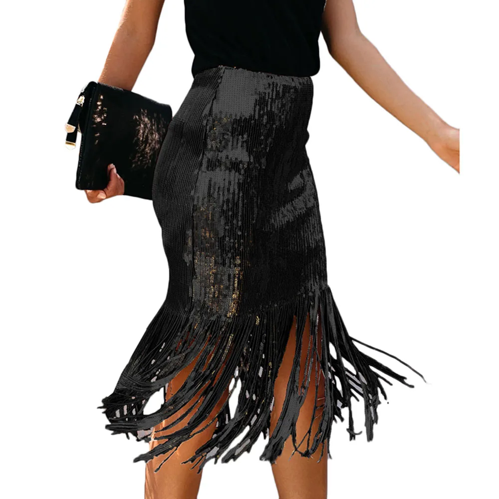 Black Skirt SEBOWEL, высокая талия, с блестками, с кисточками, Облегающие юбки для женщин, вечерние, Клубные, женские, с бахромой, блестящая, Золотая/серебряная юбка, размер S-XXL - Цвет: Black Skirt