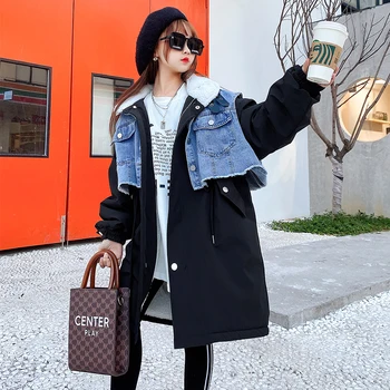 

Winter Children Clothing For Big Girls Outerwear Denim Vest Long Thicken Overcoat Warm Wind Coat Kids Girl mother Cotton Jackets