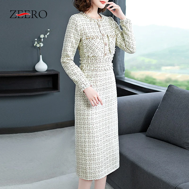 Женское модельное дизайнерское винтажное твидовое шерстяное платье в клетку