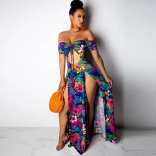 Сексуальное женское длинное платье в стиле бохо с открытыми плечами, цветочный принт с листьями, высокий разрез, вырез,, летнее пляжное праздничное платье макси, vestidos