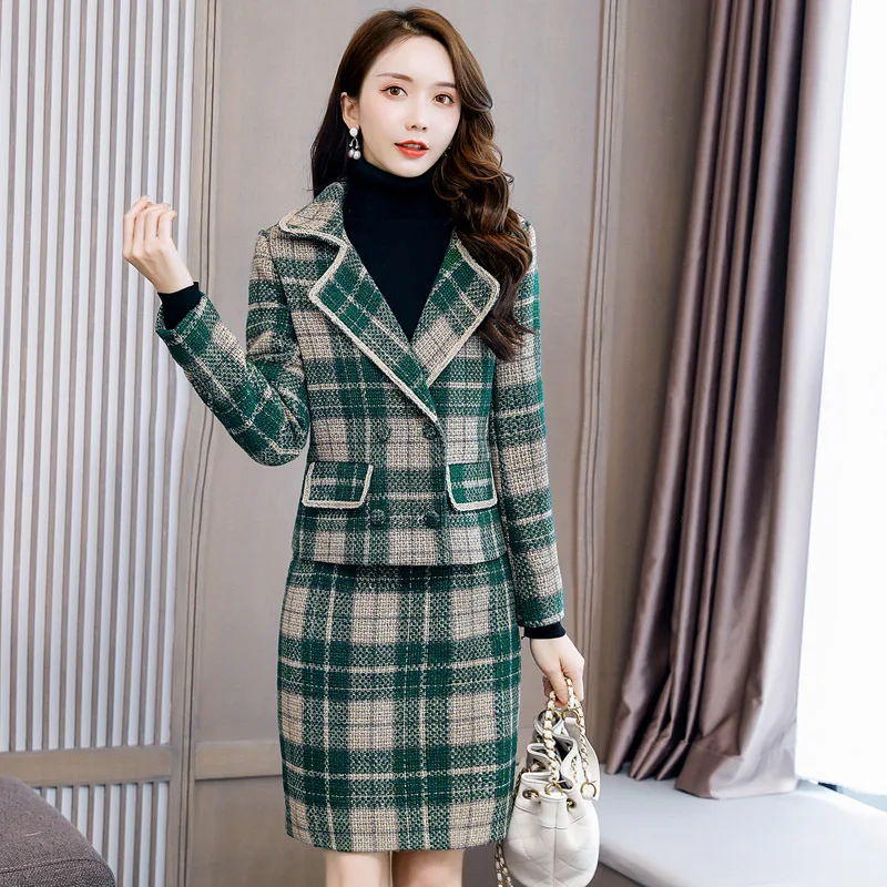 

2019 Winter New Style Korean-style Elegant Slim Fit Fashion Graceful Checkered Two-Piece Set Set Suit Skirt