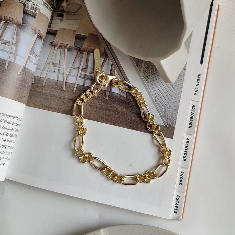 Большая грубо обработанная цепь, браслет, 925 пробы, серебро, золото, металлическая цепь, женский модный браслет, Модный женский браслет, персонализированное ювелирное изделие