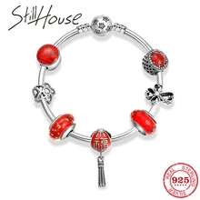 Высокое качество, 925 пробы, серебряные, Красные Подвески со стеклянными бусинами, браслеты для женщин, аксессуары, очаровательный браслет, модное ювелирное изделие