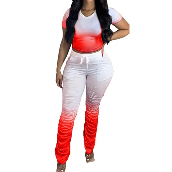 

SFIT Women Tracksuits Two Pieces Set Short Sleeve Top Flared Pants 2 Pieces Set Pleated Pants Sports Suit Print Outdoor Wear