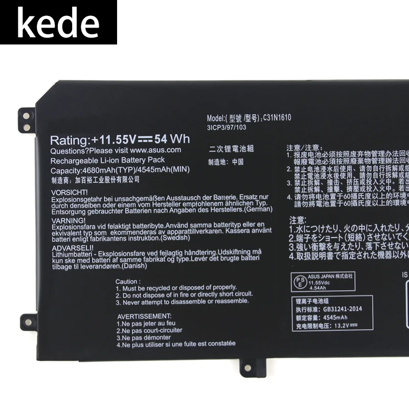 Kede аккумулятор для ноутбука C31N1610 для Asus ZenBook C31N1610 UX330 UX330U U3000C 11,55 V 54Wh