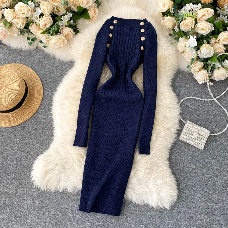 Женское вязаное платье свитер LUOSHA повседневное облегающее с круглым вырезом и