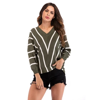 

5844 # Autumn & Winter WOMEN'S Dress V-neck Stripes Knitted Bat Sleeve Pullover Sweater Women's