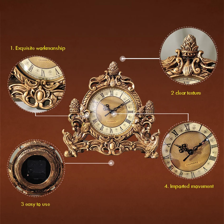Description Picture 4 of itemEuropean Style Retro Clock Desk & Table Analog Clock Battery Operated with Silent Sweep Mechanism, Decoration Clock for Home