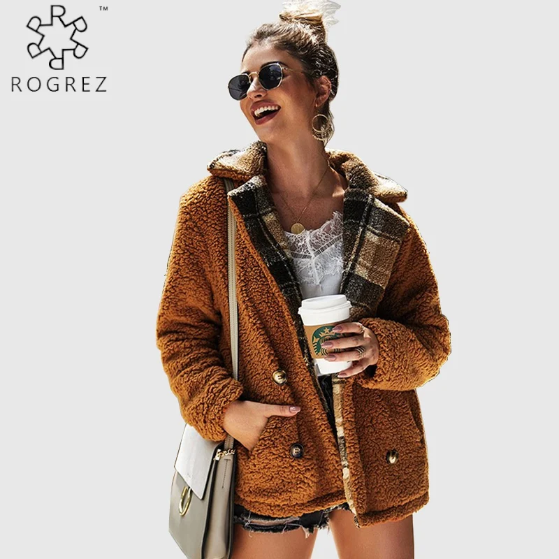 

ROGREZ Green Brown Black Plaid Inner Short Fleece Casual Coat Winter Women Jacket Outdoor Cardigan Sheepskin Fur Coat