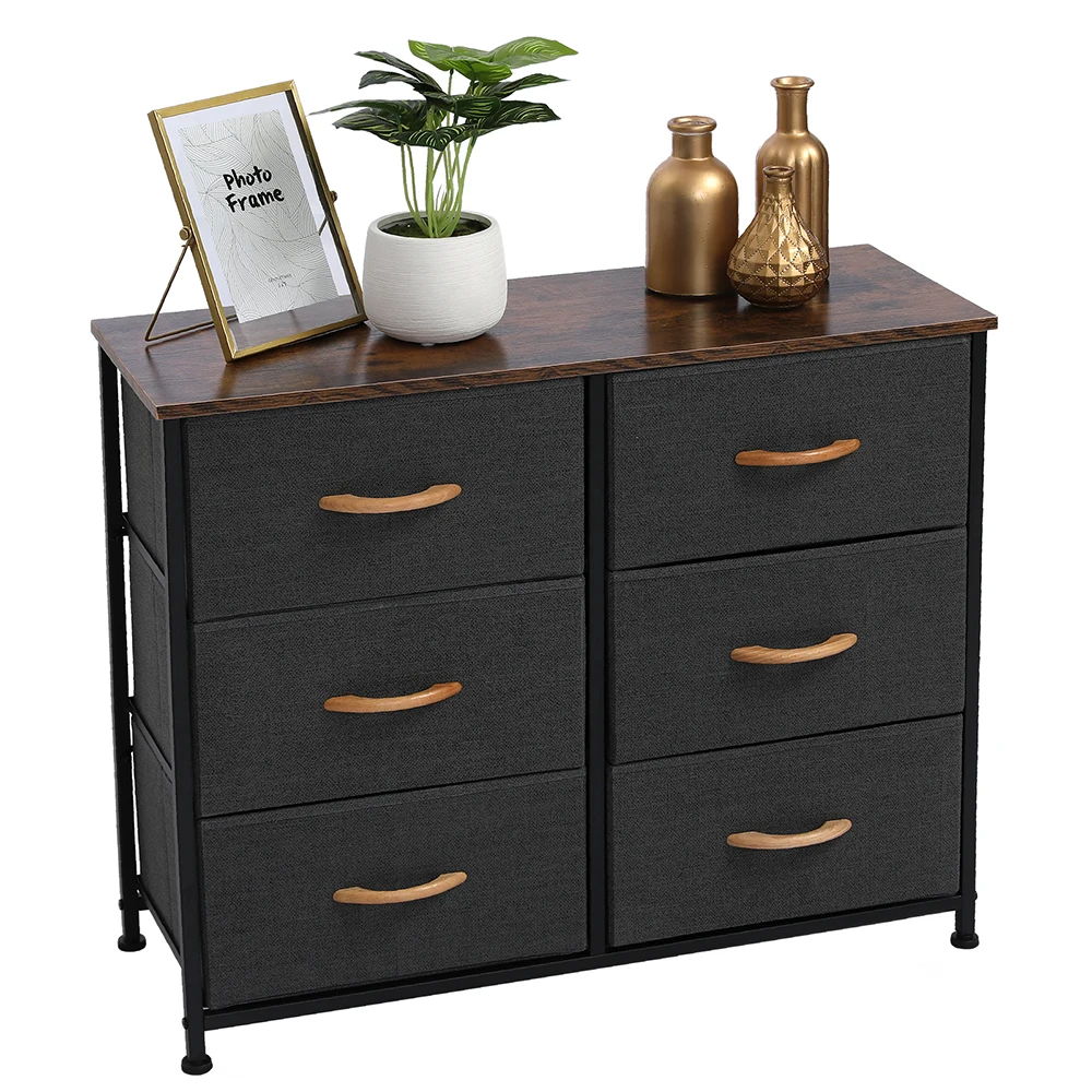 

3-Tier Wide Dresser Storage Unit with 6 Easy Pull Fabric Drawers Metal Frame Wooden Tabletop for Closet Nursery Hallway Gray