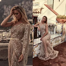 BacklakeGirls осенний костюм-платье Сексуальная Перспектива из одного предмета, с очень тонкой шёлковой сеткой для вуалеток на плечо с длинным рукавом расшитое блестками длинное вечернее платье Dluga Sukienka