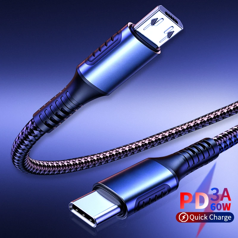 Купить USB Type C к Micro 3A Кабель-адаптер для быстрой зарядки PD 60 Вт Кабель Samsung S10 S20 Xiaomi Huawei Macbook | Кабели для мобильных телефонов (1005003625816339)