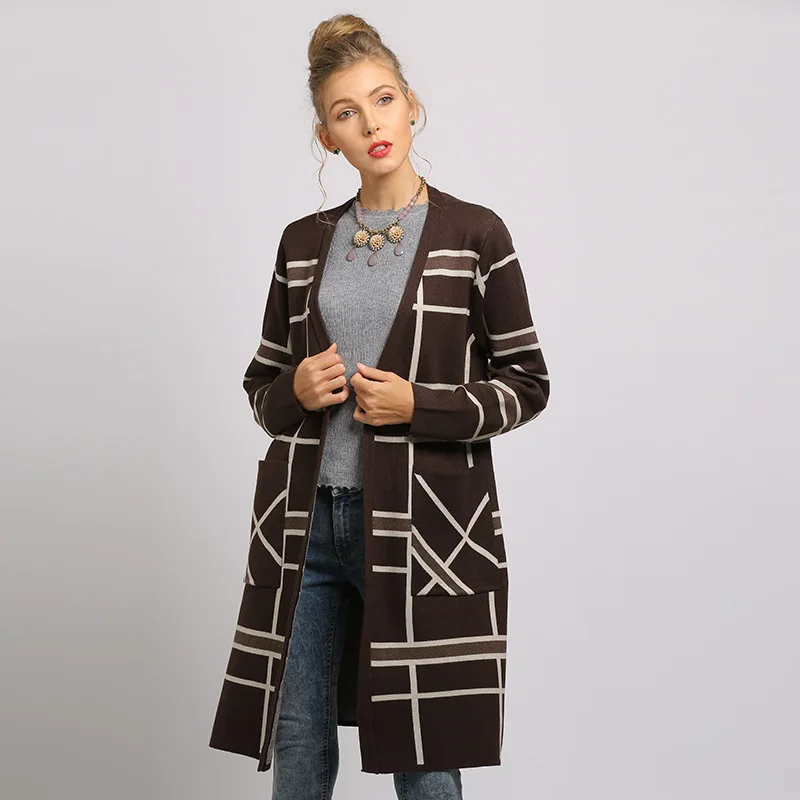 

2019 Autumn Sweater New Medium and Long Size Impingement Pocket Sweater Striped Knitted Cardigan Coat V-Neck Cardigans Sweaters