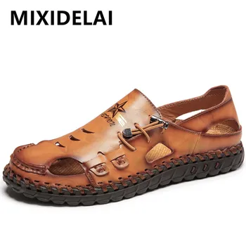 

New Summer Men Sandals Outdoor Handwork Men Shoes Casual Shoes High Quality Leather Sandals The Men's Slippers Big size 38-46