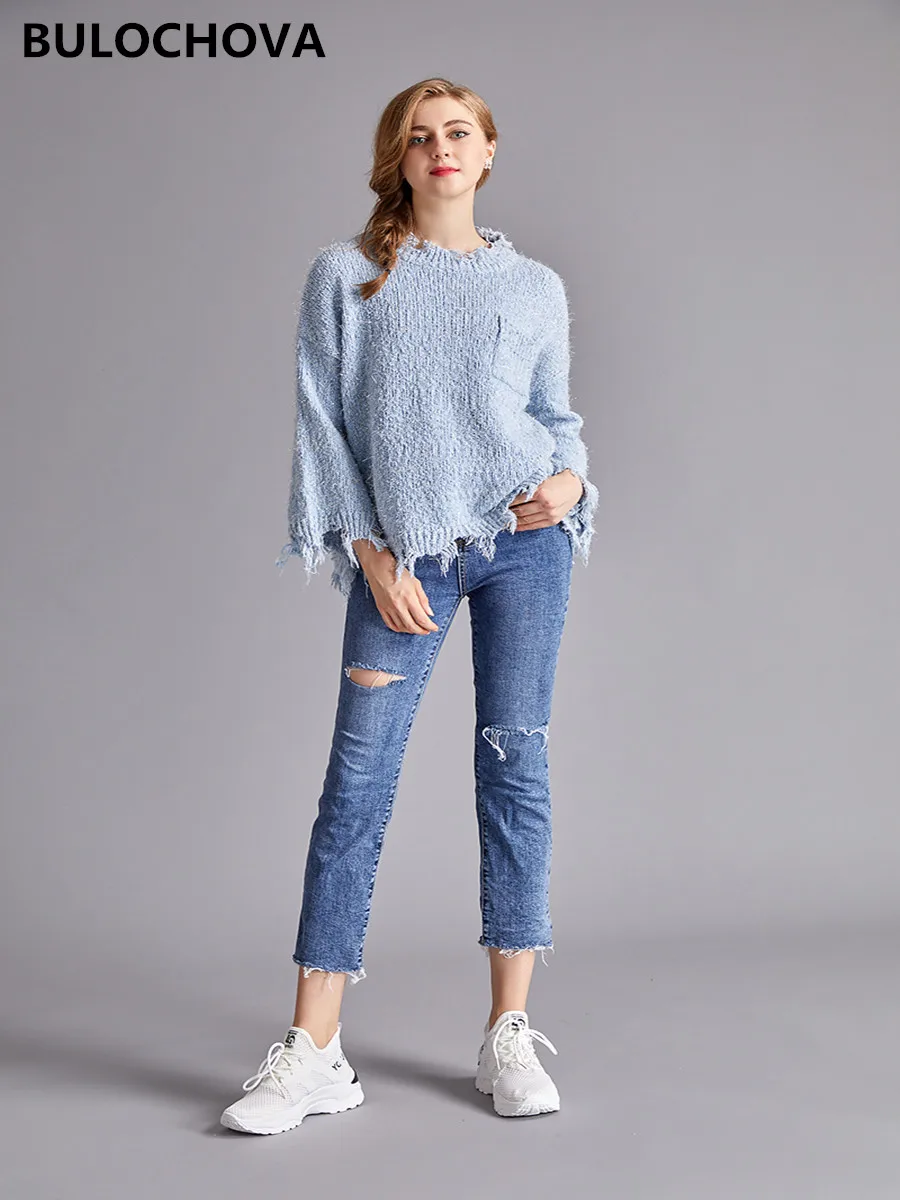 

Women Thick Warm Runway Knitted Sweater Tops 2019 Newest Autumn Fashion Ladies Flare Sleeve Pullovers Irregular Tassel Sweaters