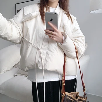 

2020 Winter Simple Loose 90 White Duck Down Jacket Female Korean Casual Tether Warm Snow Overcoat Casual Loose Outwear Women