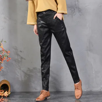 

Autumn and Winter Harem Leather Pants Women's Fleece-Lined High-Waist Pu Casual Leather Pants Korean-Style New