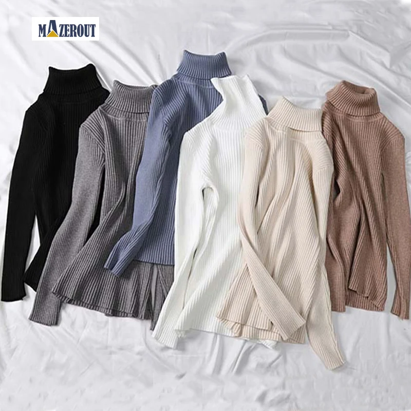 

MAZEROUT Winter Women Knitted Turtleneck Sweater Fall Casual Slim Sweaters Pullover Womens Long Sleeve Elastic Chest 136cm