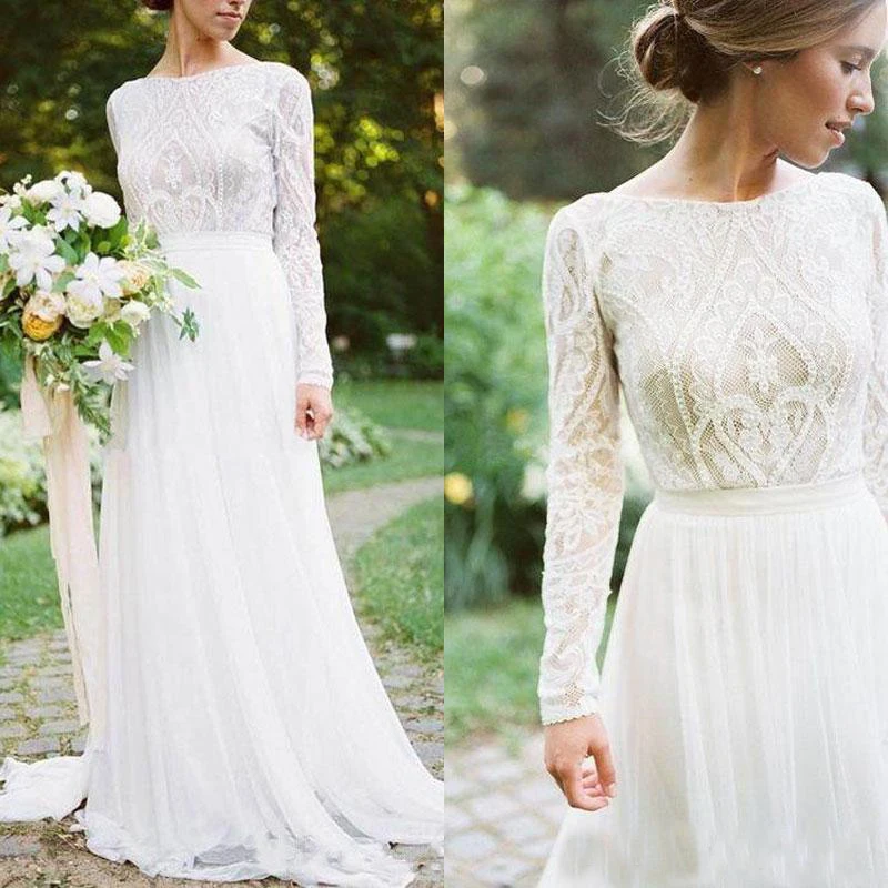 Boho свадебный наряд длинный рукав кружева шифон элегантный трапециевидной формы с коротким шлейфом Винтаж Страна дешевые Богемские свадебные одежды