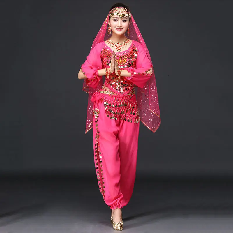 fuchsia long sleeves Женское танцевальное сари, одежда для танца живота, индийский костюм, набор Болливуда, 8 шт., красный, желтый, фиолетовый, розовый, красный, синий - Цвет: fuchsia long sleeves